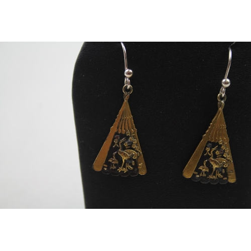 238 - Pair of Japanese Shakudo fan earrings with Crane design (5g)