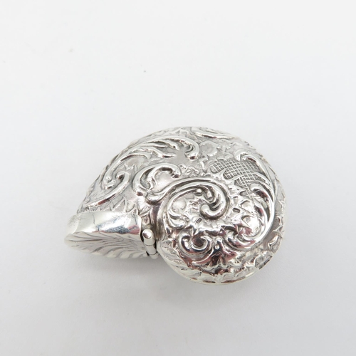 241 - HM 925 Sterling Silver Cornucopia or Foliate Seashell hinged lid Vesta ( 15.5g) 45mm dia. In excelle... 