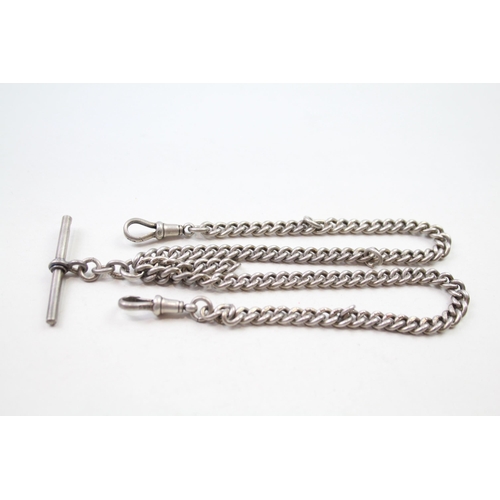 166 - Silver antique watch chain with T-bar & dog clips (47g)