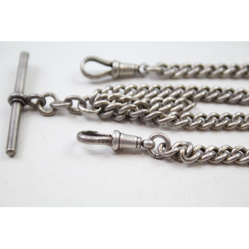 166 - Silver antique watch chain with T-bar & dog clips (47g)