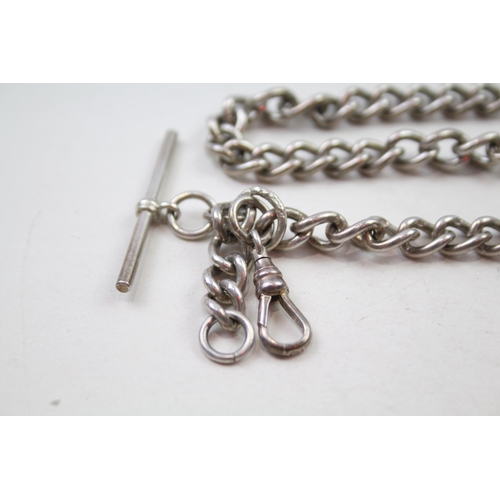 176 - Silver antique watch chain with T-bar & dog clips (40g)