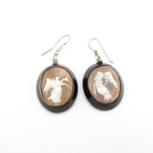 201 - Victorian Jet shell cameo earrings with replacement silver hooks (7g)