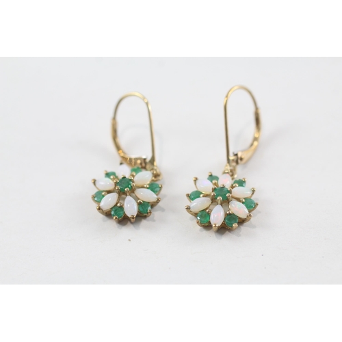 153 - 9ct gold emerald & opal cluster drop earrings (2g)