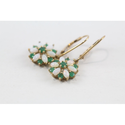 153 - 9ct gold emerald & opal cluster drop earrings (2g)