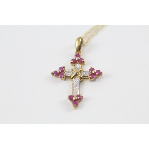 154 - 9ct gold ruby & diamond cross pendant & chain (2.2g)