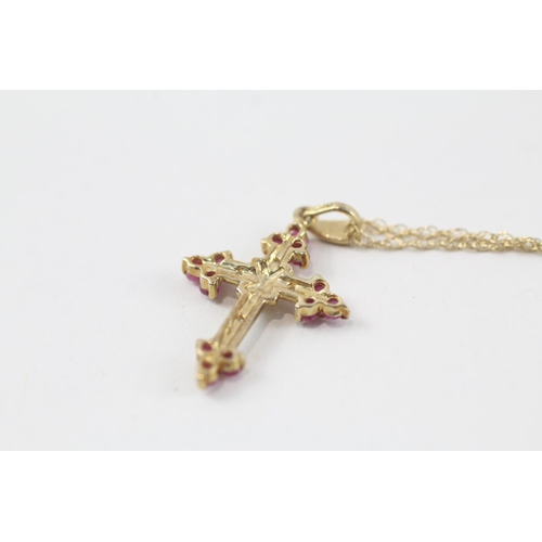 154 - 9ct gold ruby & diamond cross pendant & chain (2.2g)