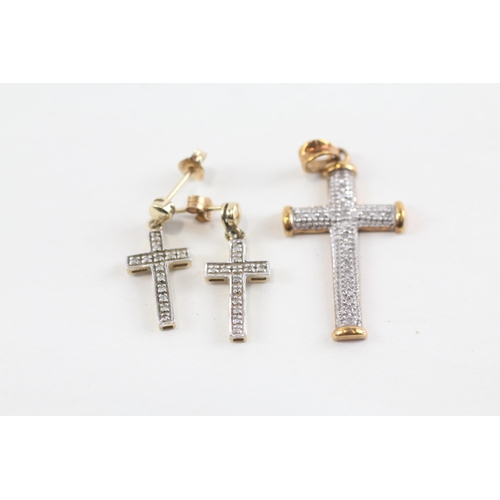 71 - 2x 9ct gold diamond cross pendant & earring set (4.4g)