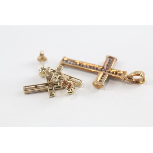 71 - 2x 9ct gold diamond cross pendant & earring set (4.4g)