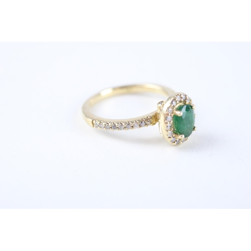 85 - 14ct gold emerald & diamond halo ring (4.2g) Size  N