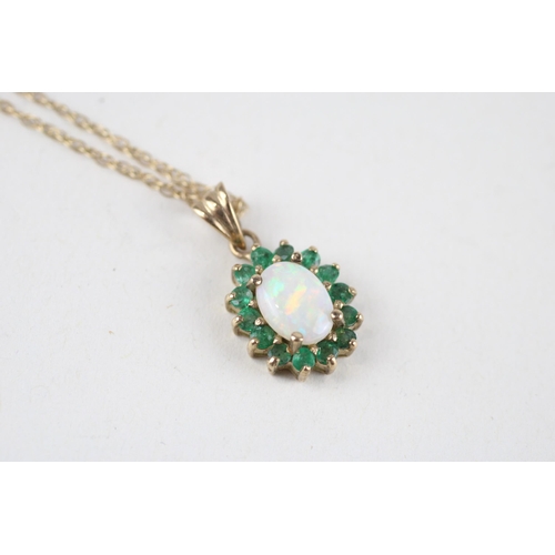 90 - 9ct gold opal & emerald cluster pendant & chain (2g)