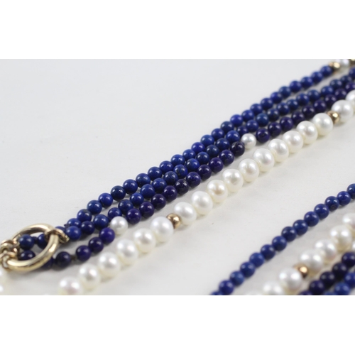 95 - 9ct gold lapis & cultured pearl bead necklace (55.7g)