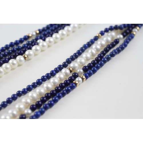 95 - 9ct gold lapis & cultured pearl bead necklace (55.7g)