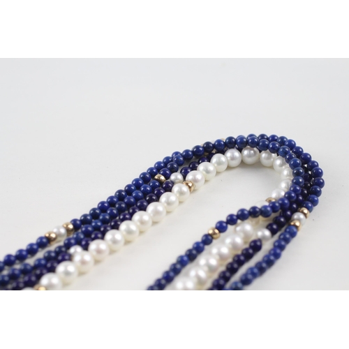 95 - 9ct gold lapis & cultured pearl bead necklace (55.7g)