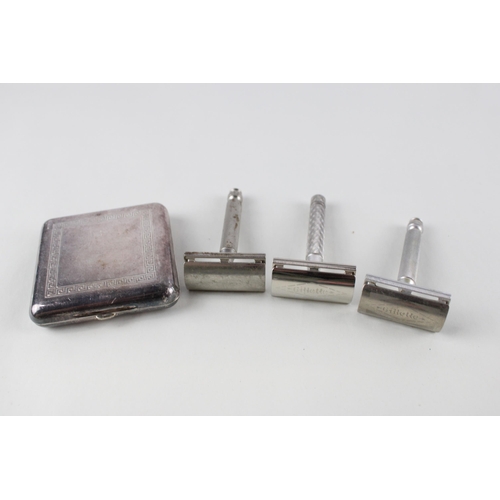 339 - 4 x Gillette 1931-1951 Safety Razors & Gillette Silver Plated Tuckaway Case