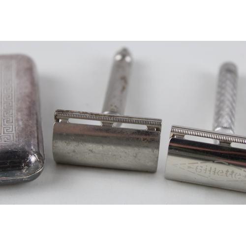 339 - 4 x Gillette 1931-1951 Safety Razors & Gillette Silver Plated Tuckaway Case