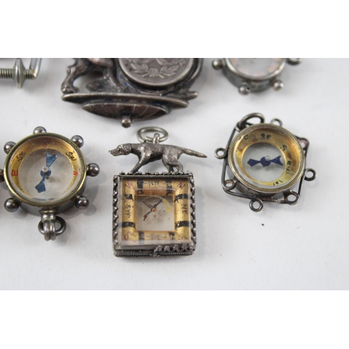 348 - 7 x Antique / Vintage Compass Fobs Inc Silver Plated, .925 Sterling, .950 (38g)