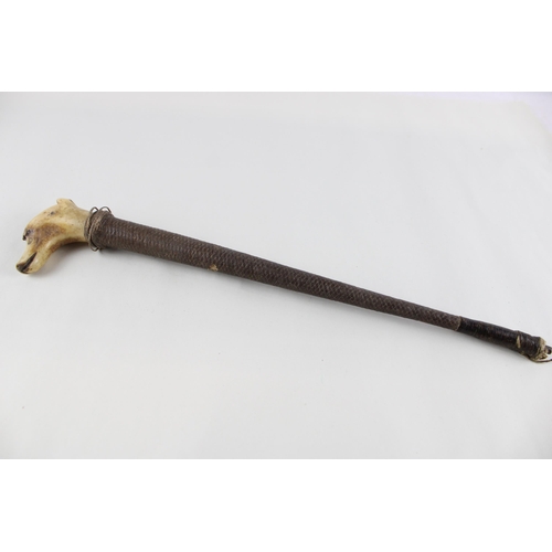 365 - Antique 19th C Riding Crop Inc Woven Handle & Antler Dog Head Whistle