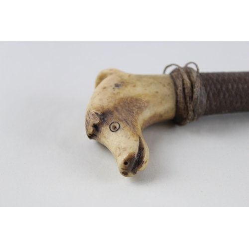 365 - Antique 19th C Riding Crop Inc Woven Handle & Antler Dog Head Whistle