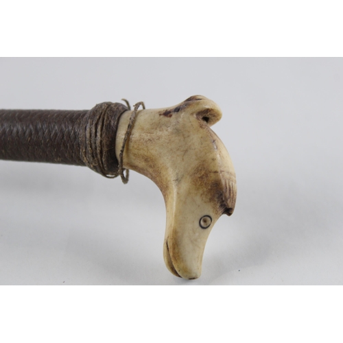 365 - Antique 19th C Riding Crop Inc Woven Handle & Antler Dog Head Whistle