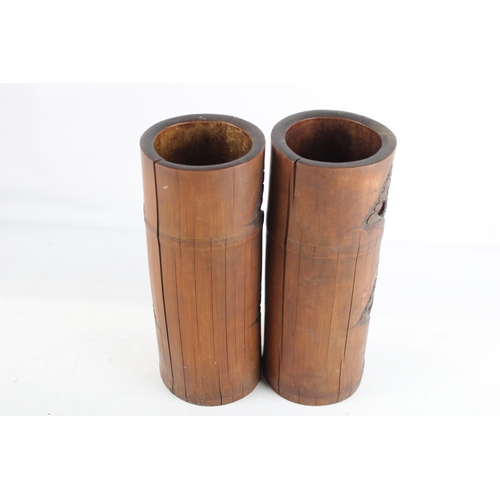 370 - 2 x Antique / Vintage Chinese Bamboo Brush Pots, Calligraphy, Carved Wood