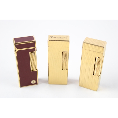 377 - 3 x Dunhill Rollagas Gold Plated Lighters Inc Burgundy Enamel Etc