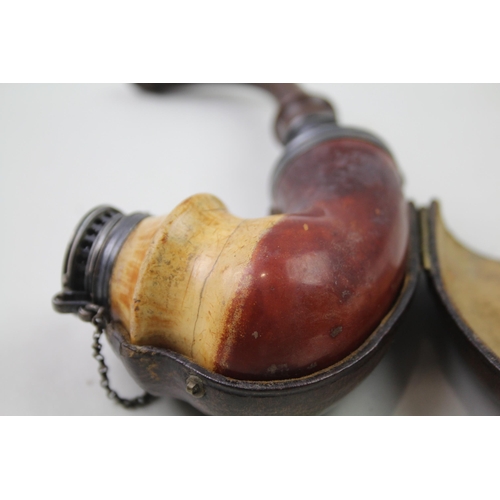 382 - Antique Estate Pipe Inc Leather Cased Bavarian Meerschaum / Amber Bowl