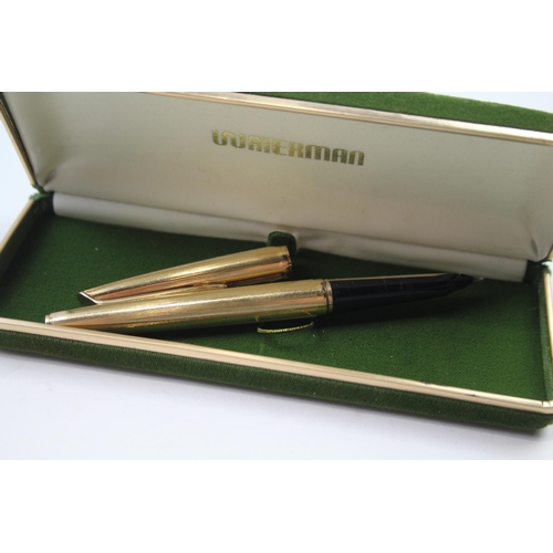 428 - Vintage WATERMAN C/F Gold Plated Fountain Pen w/ 18ct Gold Nib Writing Boxed