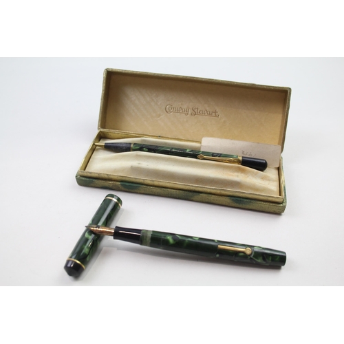 431 - Vintage CONWAY STEWART 759 Green Fountain Pen w/ 14ct Gold Nib, Pencil, Box