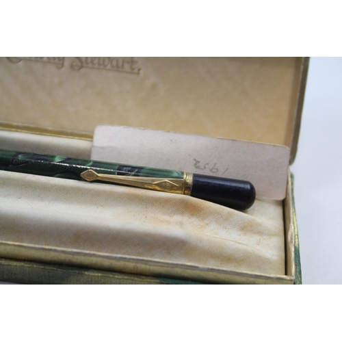 431 - Vintage CONWAY STEWART 759 Green Fountain Pen w/ 14ct Gold Nib, Pencil, Box