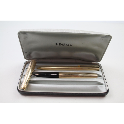 433 - Vintage PARKER 61 Gold Plated Fountain Pen Set w/ 14ct Gold Nib, Pencil, Box Etc