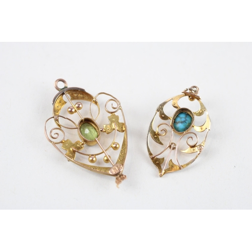 11 - 2 x 9ct gold antique pendants set with peridot, turquoise & seed pearl (3.3g)