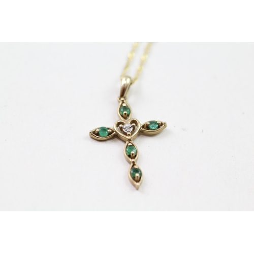 12 - 9ct gold emerald & diamond drop pendant & chain (2g)