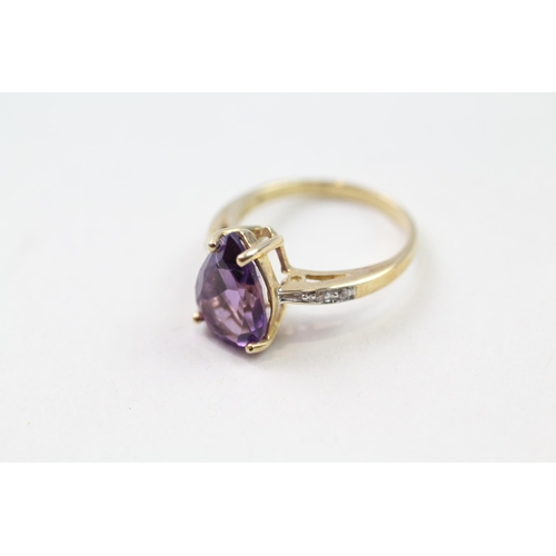 22 - 9ct gold pear cut amethyst & diamond ring (2.6g) Size  M