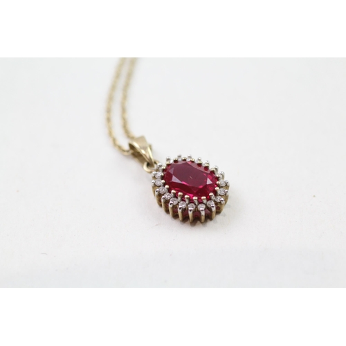 27 - 9ct gold synthetic ruby & diamond pendant & chain (1.9g)