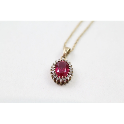 27 - 9ct gold synthetic ruby & diamond pendant & chain (1.9g)