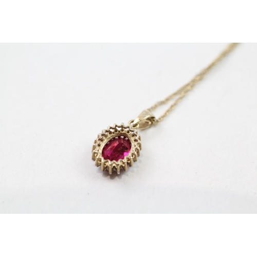 27 - 9ct gold synthetic ruby & diamond pendant & chain (1.9g)