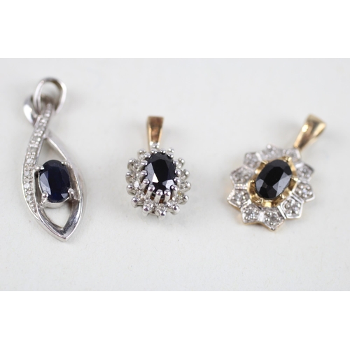 36 - 3 x 9ct white & yellow gold diamond & sapphire pendants (3.6g)