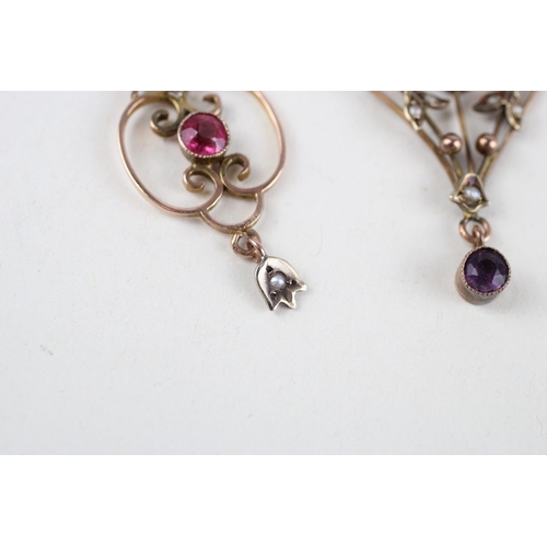 40 - 2 x 9ct gold antique pendants set with seed pearl, garnet topped doublet & purple paste (4g)