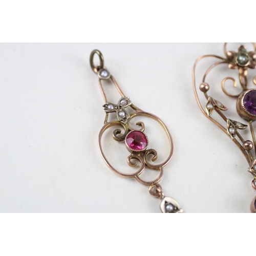 40 - 2 x 9ct gold antique pendants set with seed pearl, garnet topped doublet & purple paste (4g)