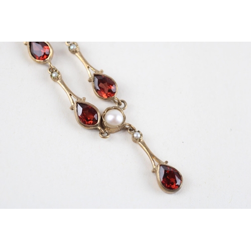 57 - 9ct gold garnet & cultured pearl drop necklace (6.8g)