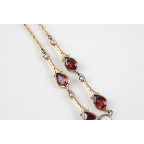 57 - 9ct gold garnet & cultured pearl drop necklace (6.8g)