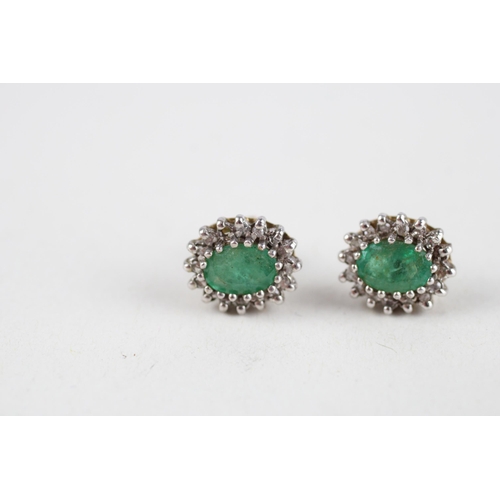 63 - 9ct gold emerald & diamond cluster earrings (2.5g)