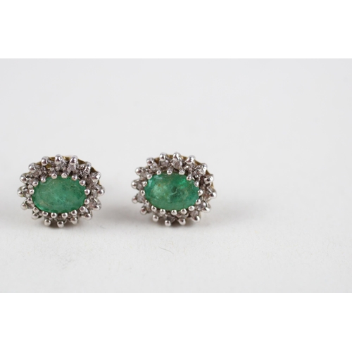 63 - 9ct gold emerald & diamond cluster earrings (2.5g)