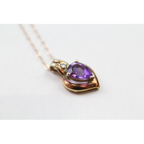 75 - 9ct gold amethyst & diamond pendant & chain (1.8g)