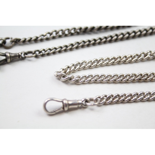 Two silver watch chains with Tbars and dog clips (54g)