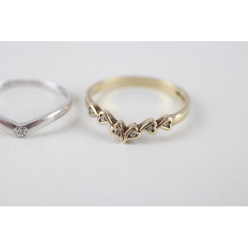 103 - 2x 9ct gold diamond wishbone rings (2.6g) Size  Q + L