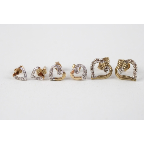 108 - 3x 9ct gold diamond heart shaped earrings (3.5g)