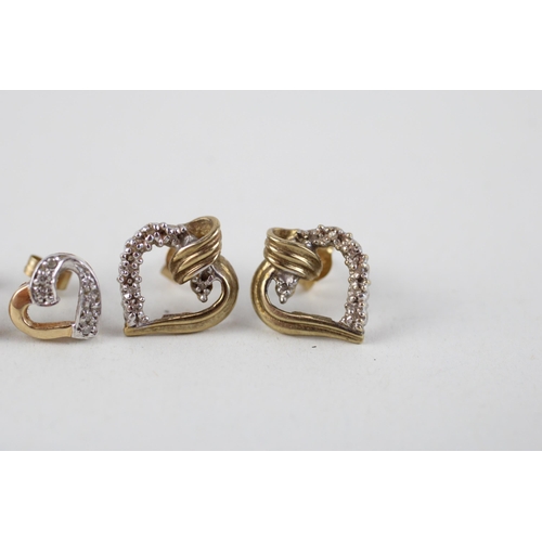 108 - 3x 9ct gold diamond heart shaped earrings (3.5g)