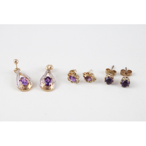 112 - 3x 9ct gold amethyst & diamond earrings (3.8g)