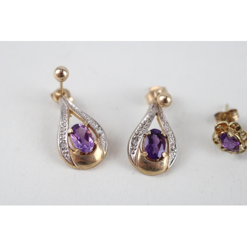 112 - 3x 9ct gold amethyst & diamond earrings (3.8g)